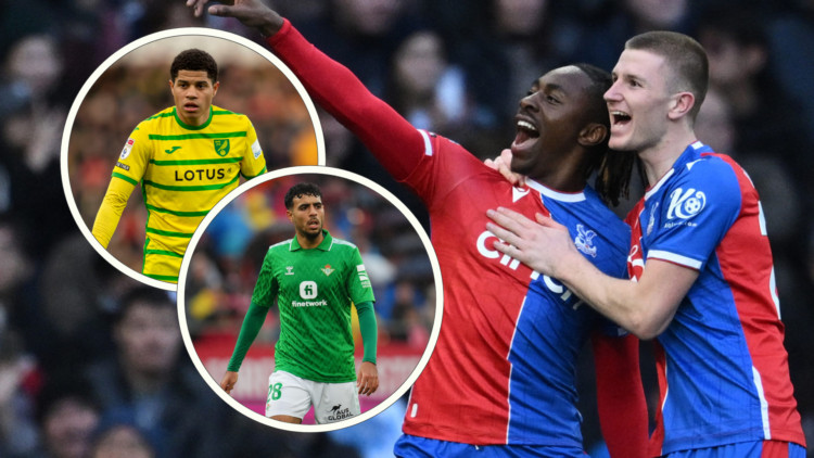Eberechi Eze and Adam Wharton celebrate together as Eze points toward the sky, inset Chadi Riad in action for Real Betis, inset Gabriel Sara for No...
