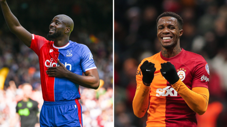 RIGHT: Jean Philippe celebrates scoring for Crystal Palace, LEFT: Wilfried Zaha in action for Galatasaray clenching his fists