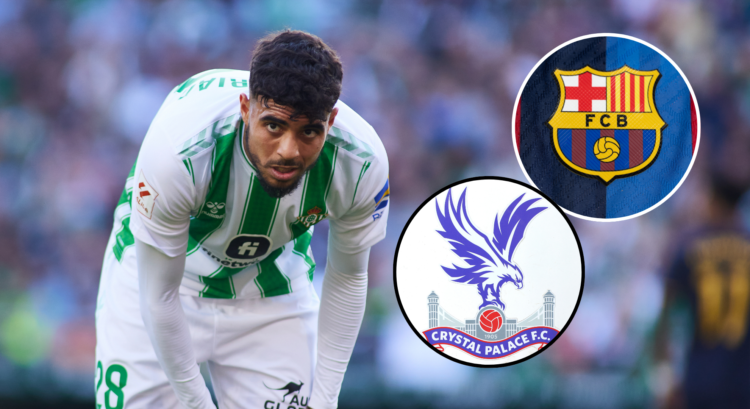 A composition of images including Real Betis defender Chadi Riad, the Crystal Palace crest and the Barcelona badge