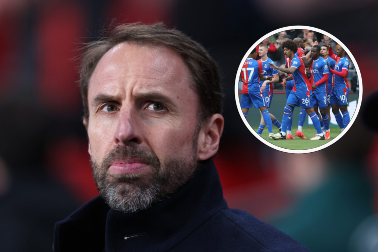 Gareth Southgate looks on sternly, inset Crystal Palace celebrate scoring against West Ham United.