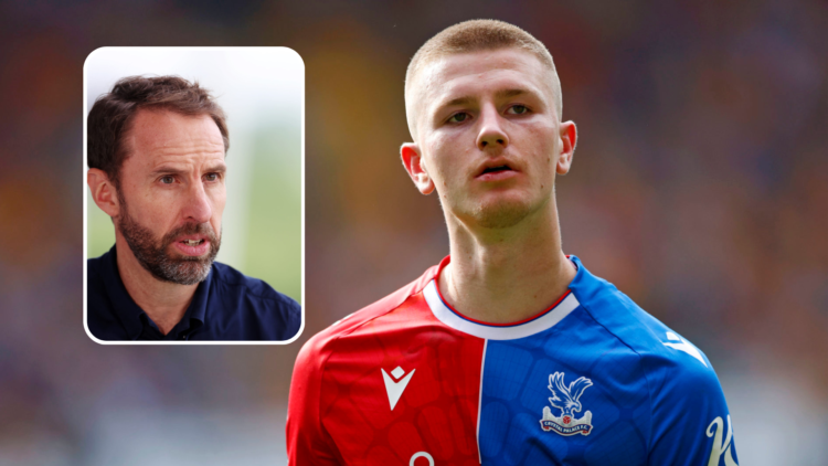 Adam Wharton looks forward during a Crystal Palace game, inset Gareth Southgate gives interview while looking off camera.