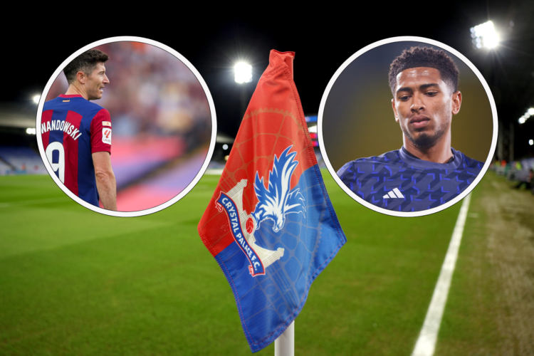 Crystal Palace corner flag, with inset Jude Bellingham looking down and inset Robert Lewandowski facing away from camera
