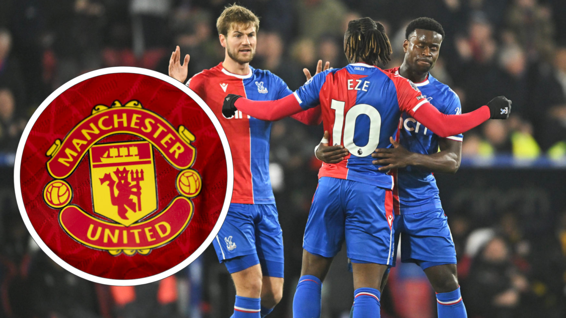 Crystal Palace players Joachim Andersen, Eberechi Eze and Marc Guehi celebrate for the Eagles, inset Manchester United badge