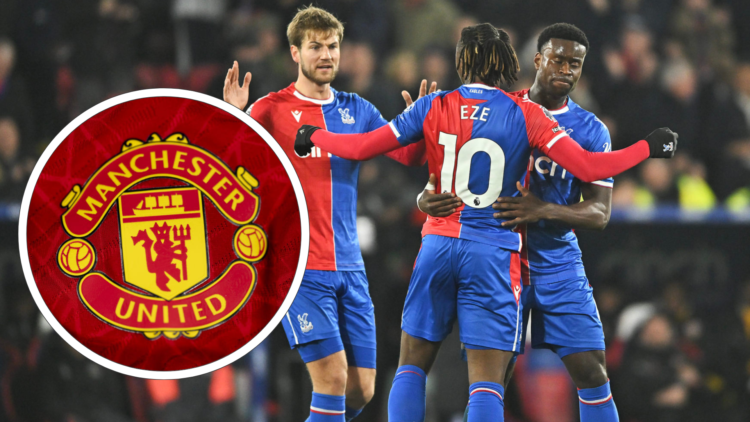 Crystal Palace players Joachim Andersen, Eberechi Eze and Marc Guehi celebrate for the Eagles, inset Manchester United badge