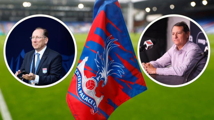 Crystal Palace corner flag, inset John Textor holds his phone and watches on in Lyon suit, inset David Blitzer at a press conference.
