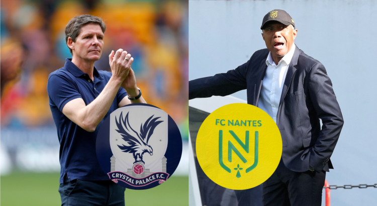 A composition of images featuring Crystal Palace boss Oliver Glasner and a Crystal Palace badge next to Nantes boss Antoine Kombouare and the Nante...