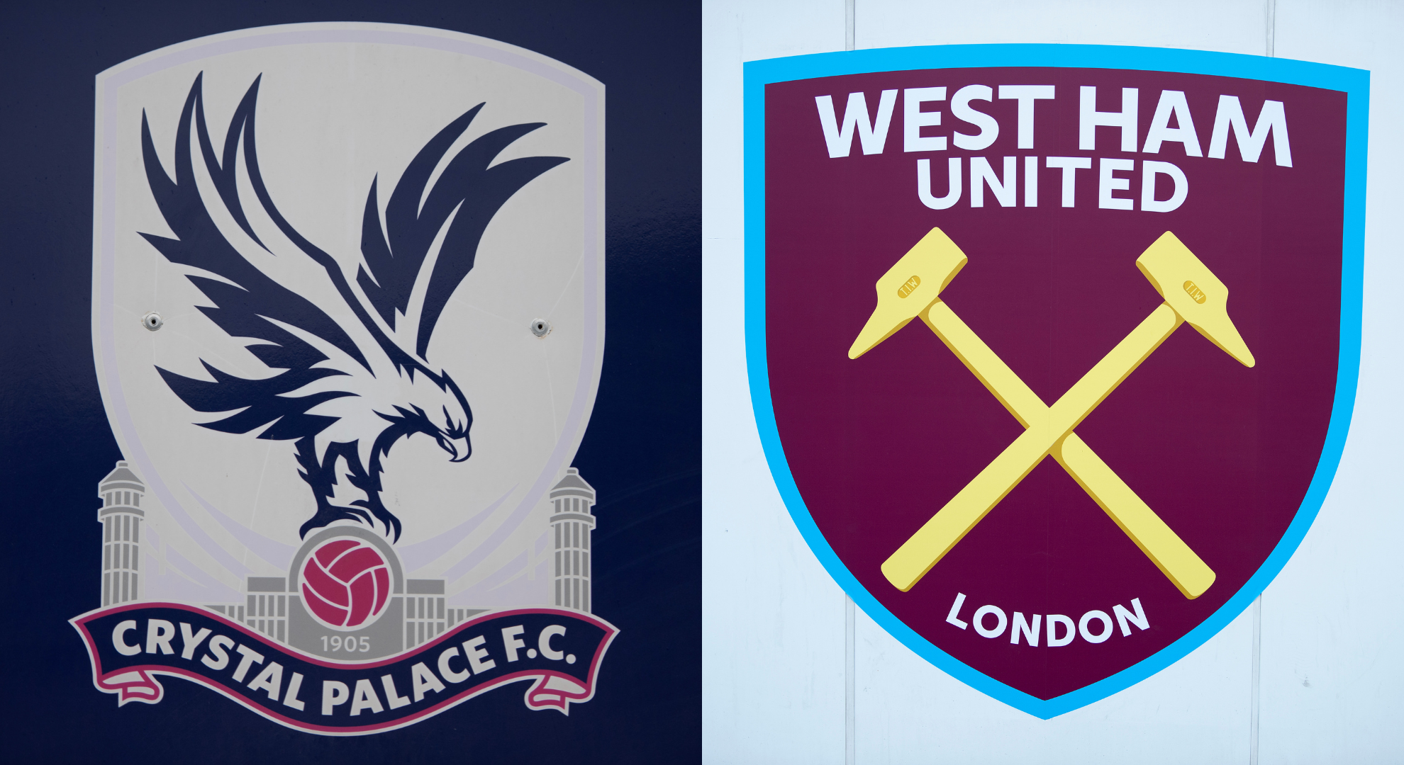 A composition of images featuring the Crystal Palace and West Ham badges.