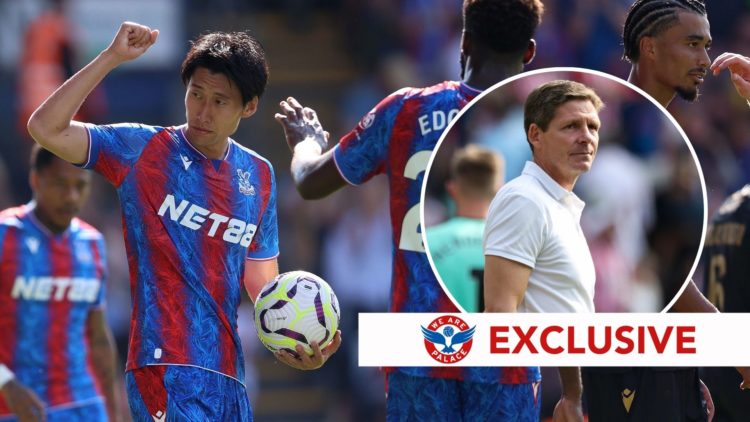 Daichi Kamada of Crystal Palace goal celebration during the pre season friendly match between Crystal Palace and FC Nates. Inset, Oliver Glasner of...