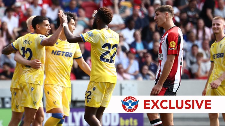 Palace players celebrate their first goal an own-goal by Brentford's English-born Jamaican defender. Overlaid, an exclusive banner.