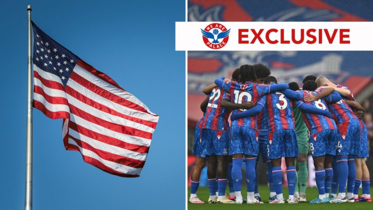 Split image of an American flag and the Crystal Palace team huddling. Overlaid, an exclusive banner.