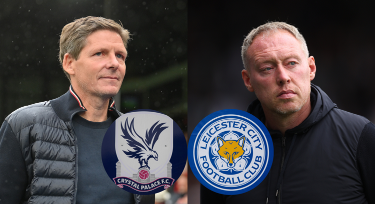 An image featuring Oliver Glasner, Steve Cooper, the Crystal Palace badge and the Leicester City badge.