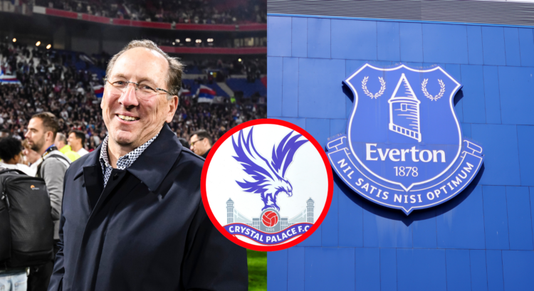 An image featuring John Textor with a Crystal Palace and Everton badge.