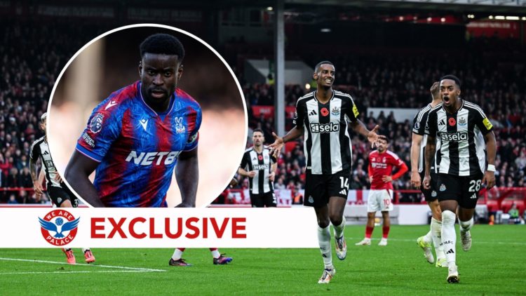 Marc Guehi of Crystal Palace inset over Newcastle United players celebrating.