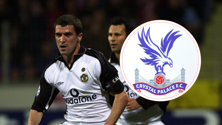 Roy Keane of Manchester United celebrates during the UEFA Champions League semi-final second leg match. Inset Crystal Palace badge.