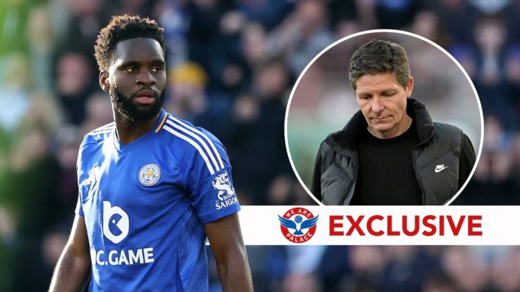 Leicester City's Odsonne Edouard during the Premier League match between Leicester City FC and AFC Bournemouth. Inset, a dejected Oliver Glasner.
