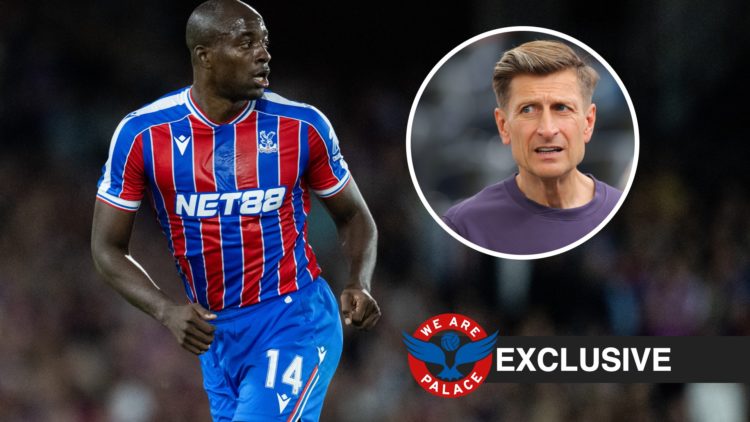 Jean-Philippe Mateta in action for Crystal Palace against Fredrikstad, We Are Palace logo, exclusive label, Steve Parish inset