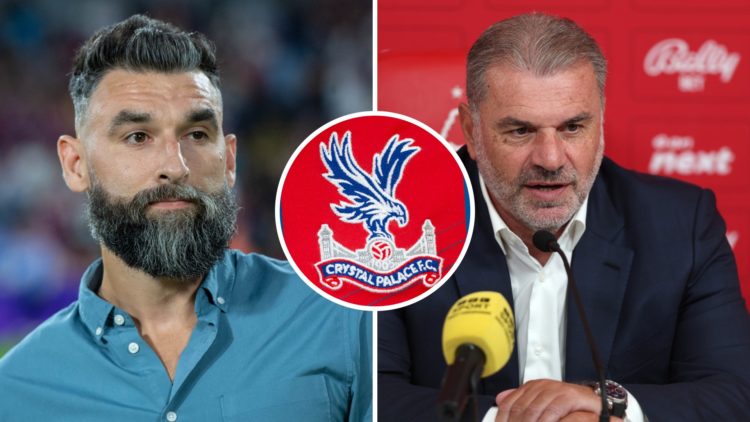 Split image of Mile Jedinak and Ange Postecoglou, Crystal Palace badge inset