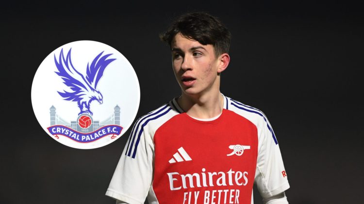 Dan Casey in action for the Arsenal U18 side, Crystal Palace badge inset