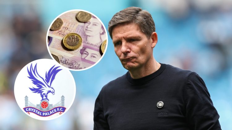 Oliver Glasner looks dejected after Crystal Palace suffer a 5-2 defeat at Manchester City, English money and Crystal Palace badge inset