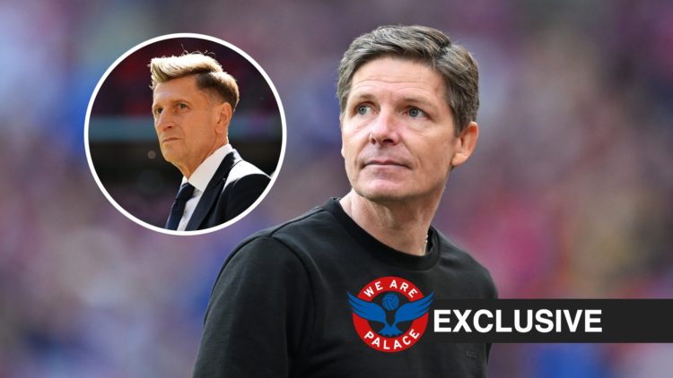 Oliver Glasner looks on during the 2025 FA Cup semi-final between Crystal Palace and Aston Villa, Steve Parish, WAP logo and exclusive label inset