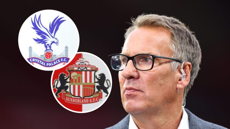 Paul Merson looks on during a Premier League clash between Manchester United and Arsenal, Crystal Palace badge and Sunderland badge inset