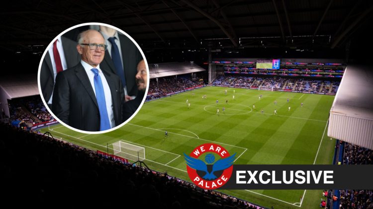 Aerial view of Selhurst Park, Woody Johnson, WAP logo and exclusive label inset