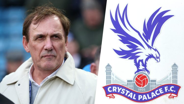Split image of pundit Tony Cascarino, and the official club badge of Crystal Palace.