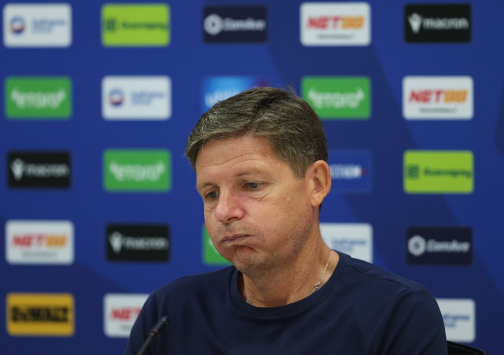 Oliver Glasner during a press conference at Crystal Palace