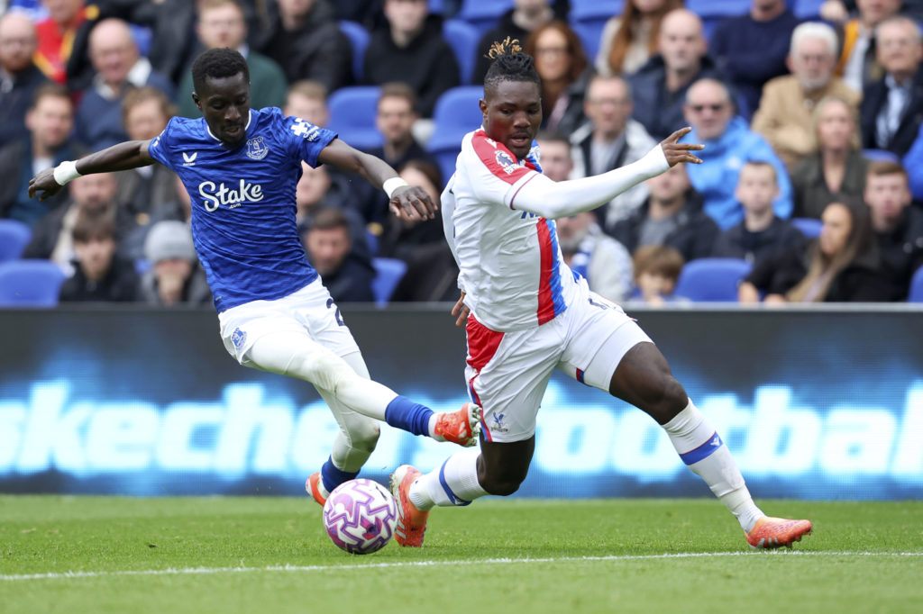Christantus Uche in action for Crystal Palace during a Premier League clash against Everton
