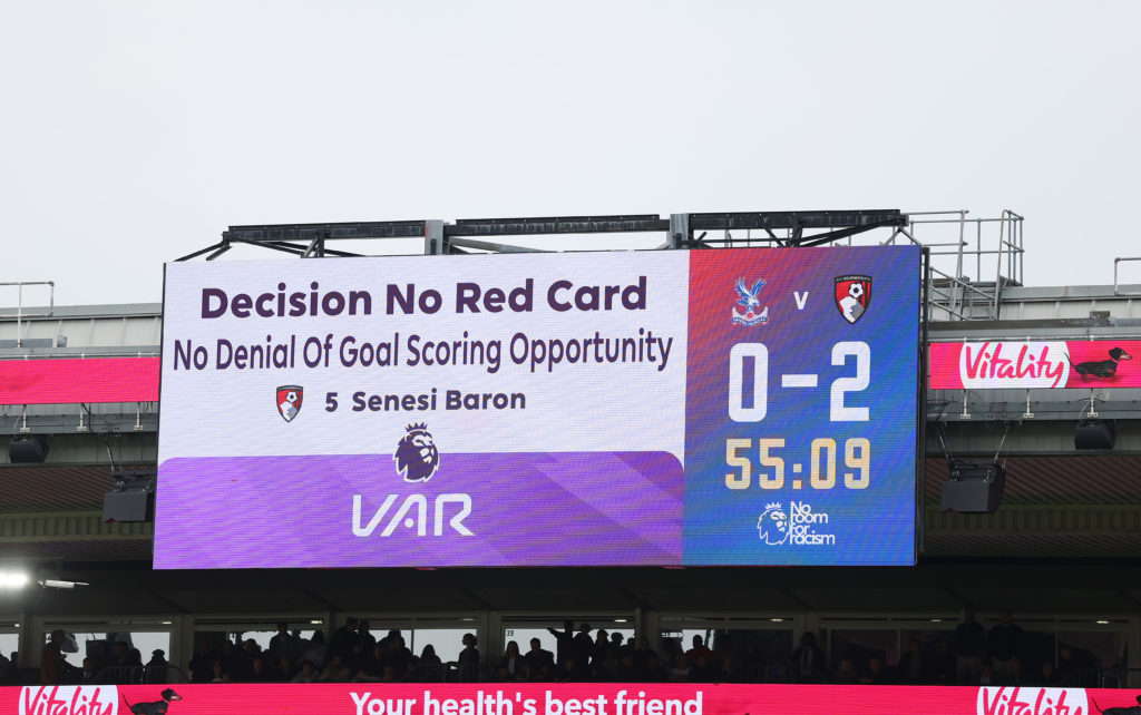 Screen displays VAR verdict during Crystal Palace vs Bournemouth