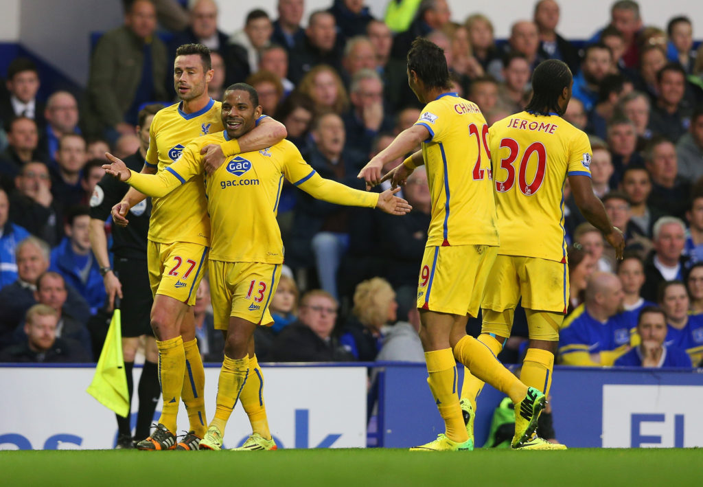 Crystal Palace players celebrate after scoring against Everton in the Premier League