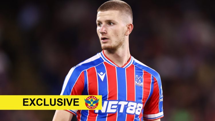 Crystal Palace star Adam Wharton with exclusive branding overlaid.