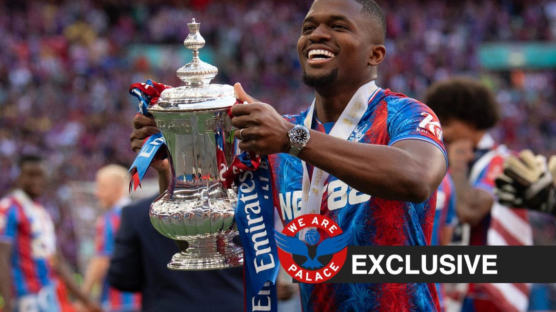 Cheick Doucoure celebrates after Crystal Palace win the FA Cup, WAP logo and exclusive label inset