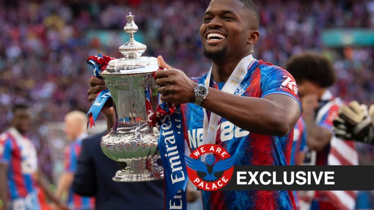 Cheick Doucoure celebrates after Crystal Palace win the FA Cup, WAP logo and exclusive label inset