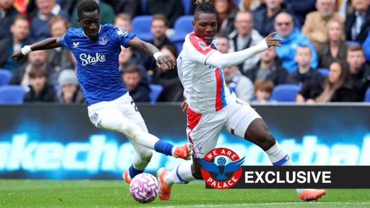 Christantus Uche in action for Crystal Palace during a Premier League clash against Everton, WAP logo and exclusive label inset