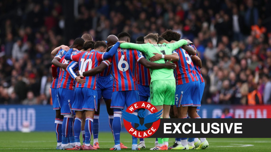 Crystal Palace players in a huddle before a Premier League clash against Bournemouth, WAP logo and exclusive label inset