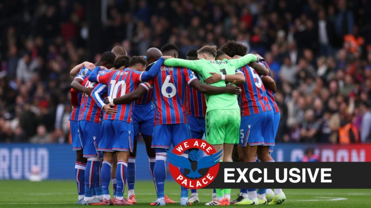 Crystal Palace players in a huddle before a Premier League clash against Bournemouth, WAP logo and exclusive label inset