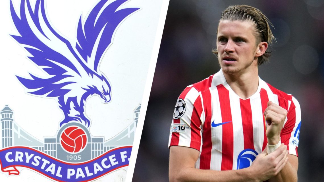 Split image of the official club badge of Crystal Palace, and Atletico Madrid midfielder Conor Gallagher in action.