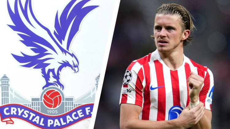 Split image of the official club badge of Crystal Palace, and Atletico Madrid midfielder Conor Gallagher in action.