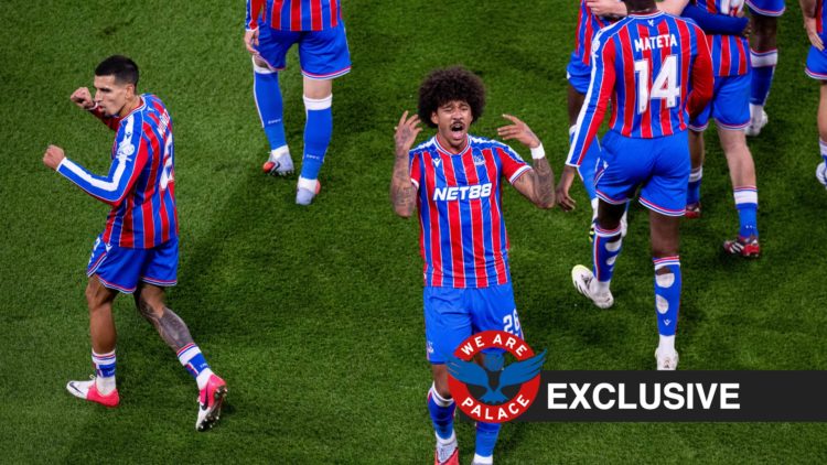 Chris Richards celebrates after scoring for Crystal Palace against Millwall in the Carabao Cup, WAP logo and exclusive label inset