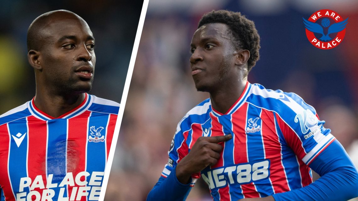 Split image of Crystal Palace striker Jean-Philippe Mateta in action, and Crystal Palace striker Eddie Nketiah scoring a goal.