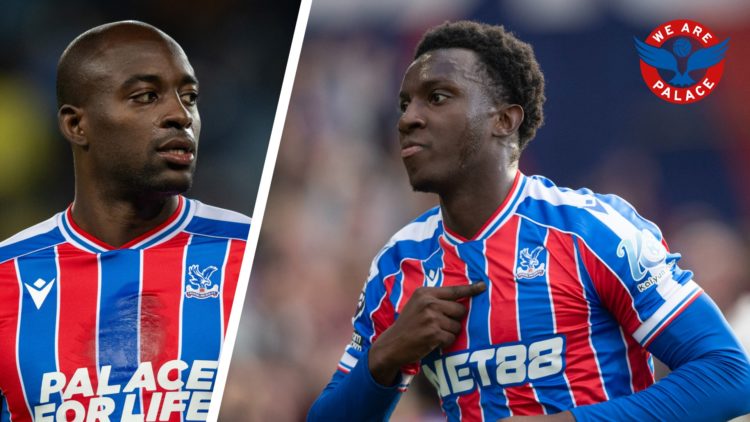 Split image of Crystal Palace striker Jean-Philippe Mateta in action, and Crystal Palace striker Eddie Nketiah scoring a goal.