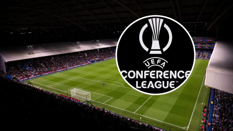 Aerial view of Selhurst Park, UEFA Conference League logo inset