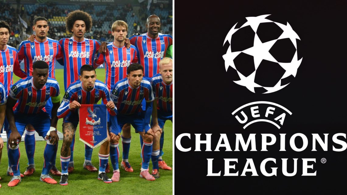 Split image of the Crystal Palace team and the UEFA Champions League logo