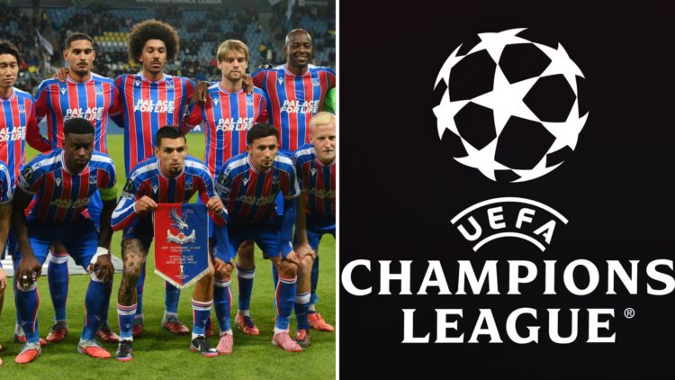 Split image of the Crystal Palace team and the UEFA Champions League logo