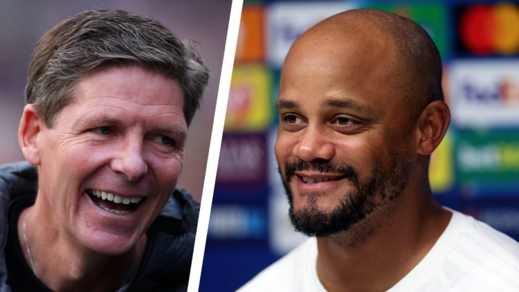 Split image of Crystal Palace manager Oliver Glasner and Bayern Munich manager Vincent Kompany during a press conference.