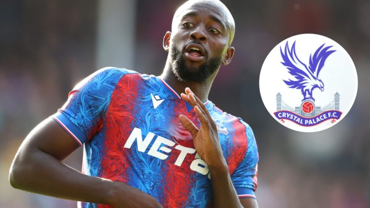 Crystal Palace star Jean-Philippe Mateta with club badge inset.
