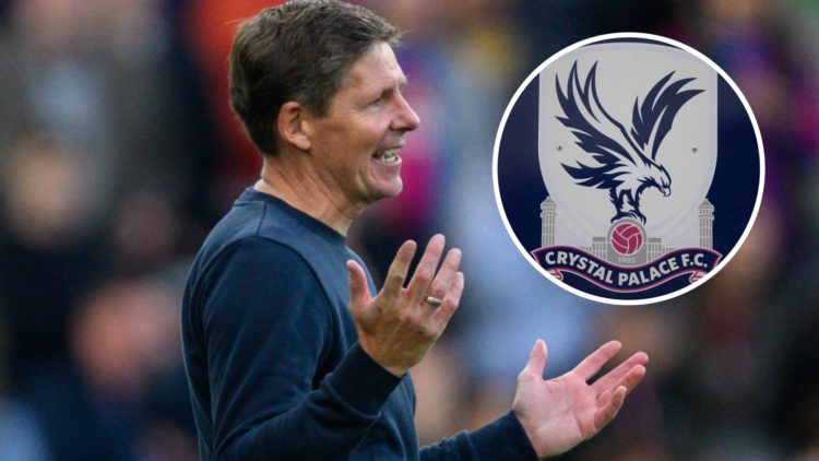 Crystal Palace manager Oliver Glasner with club badge inset.