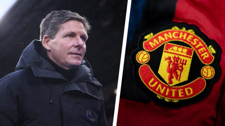 Split image of Crystal Palace manager Oliver Glasner, and the official club badge of Man United.