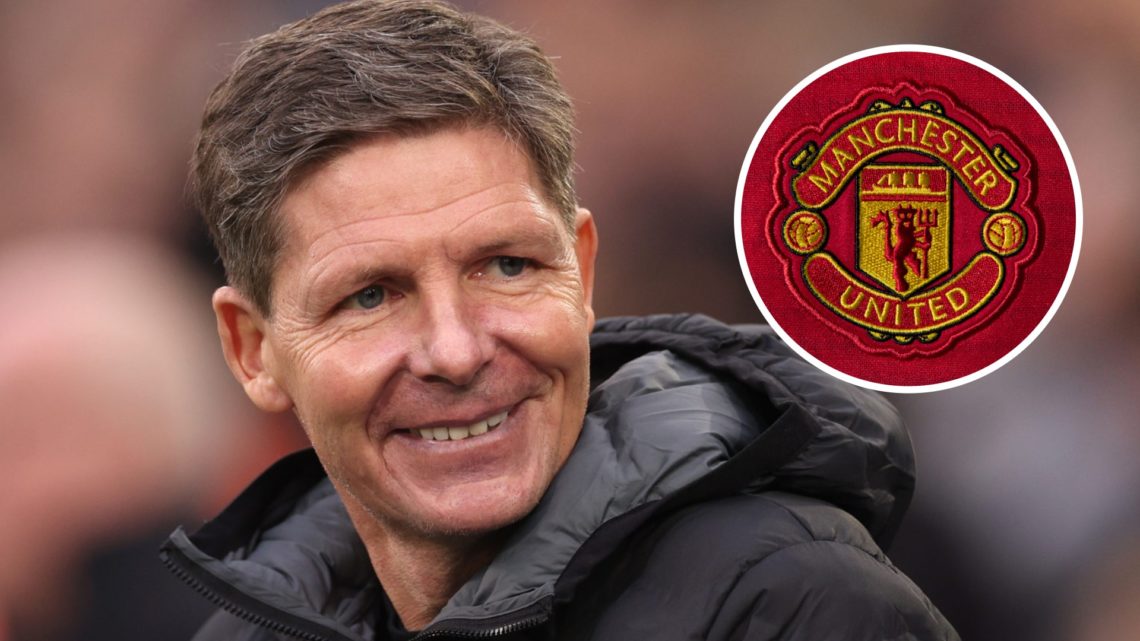 Crystal Palace manager Oliver Glasner, with Manchester United badge inset.